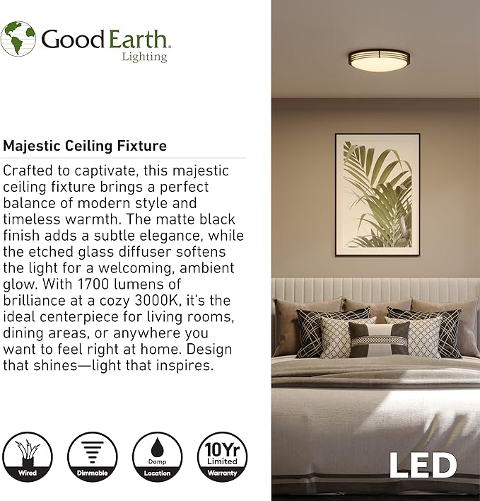 Good Earth Lighting Majestic 14-in LED Ceiling Fixture, 1700 Lumens, Dimmable, Matte Black