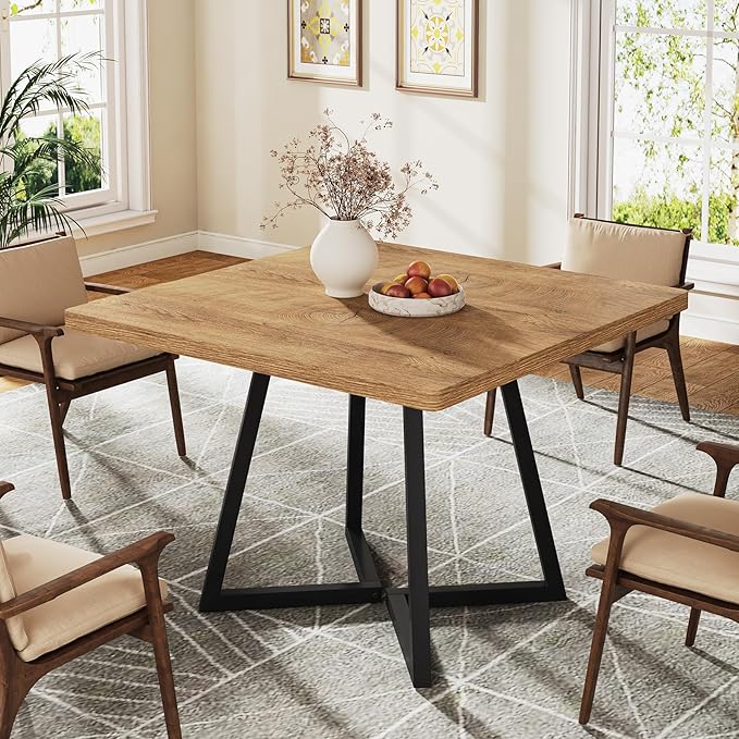 Tribesigns Square Dining Table, 31.5" Modern Dinner Table with Metal Base, Kitchen Table for Dining Room, Small Space, Apartment, Natural & Black (2pcs)