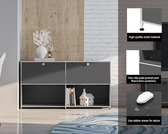 Metal Sideboard with 2 Flap Doors, DIY Modern Home Furnishing,Perfect for Home, Office, Kitchen, Hallway,Foyer Organization(Grey)