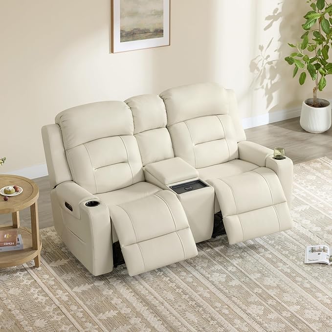 Watson & Whitely Genuine Leather Power Loveseat and Recliner Sofa Set, Lay Flat Reclining Couch with Console, Power Headrest, USB & Wireless Charging, Cup Holders for Living Room, Cream