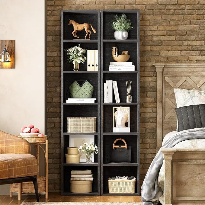 71.5" Tall Bookshelves and Bookcases Set of 2, 6 Tier Display Storage Shelves Home Decor Furniture for Home Office, Living Room, Bed Room (Black, 11.8" Narrow)