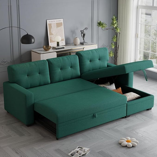 82" L-Shape Convertible Sleeper Sectional Sofa with Storage Chaise and Pull-Out Bed,Modular Corner Couch Lounge,w/Removable 3 Back Cushions and Armrest,for Home Furniture,Green