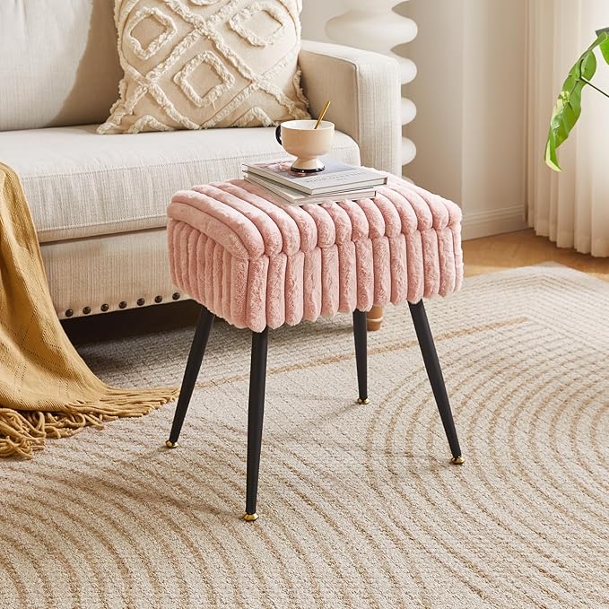 Vanity Stool Chair, Foot Stools Ottoman, Faux Fur Vanity Chair with Black Legs, Vanity Stool for Makeup, Make up Chairs for Vanity, Vanity Small Bench Seat Storage Pink YD-MS151P