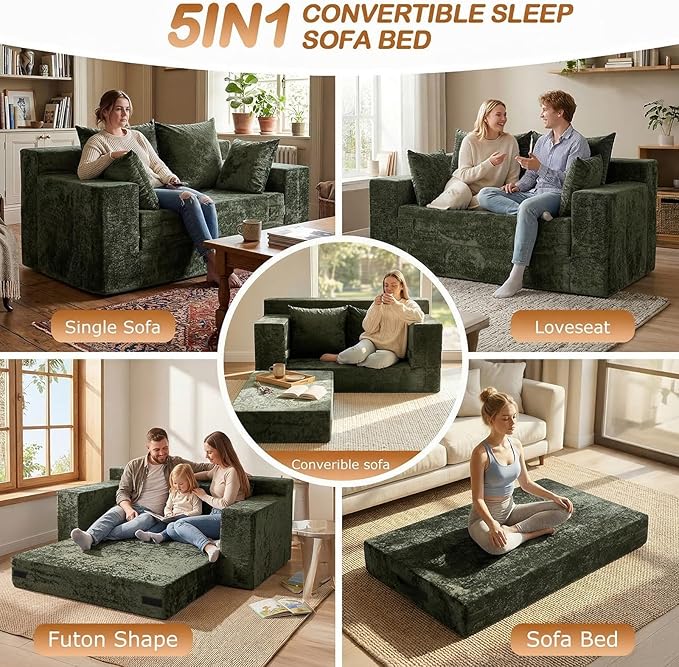 Convertible Sofa Bed, 5 in 1 Small Boneless Couch Pull Out Loveseat Sleeper Sofa,Corduroy Futon Couch Folding Mattress with 4 Pillows for Living Room (Green, Loveseat(Silky Velvet))