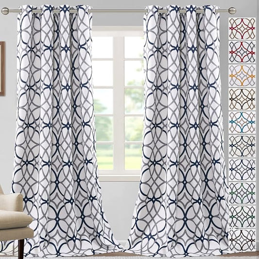 H.VERSAILTEX Blackout Curtains for Bedroom Printed Design 108 Inch Length Thermal Insulated Curtains for Living Room Geometric Modern Grommet Window Drapes 2 Panels Set, Dark Denim and Grey