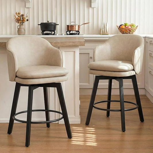 Counter Height Barstools 26 inch Upholstered Swivel Bar Stools with Back and Wood Legs for Kitchen Island,Set of 2,Beige PU Leather