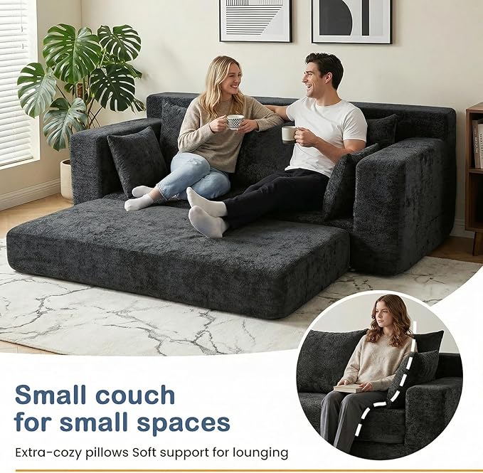 Boneless Couches 70", 3 Seater Boneless Couch with Pull Out Sofa Bed, Black Boneless Couch with 5 Pillows, Plush Velvet Sofa for Living Room & Bedroom