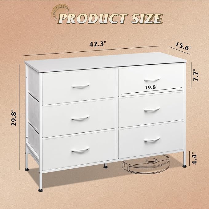 WLIVE Wide Dresser with 6 Fabric Drawers, TV Stand for 50" TV, Closet Dresser with Metal Frame, Wooden Top, Fabric Dressers for Bedroom, Closet, Hallway, Living Room, Entryway, White