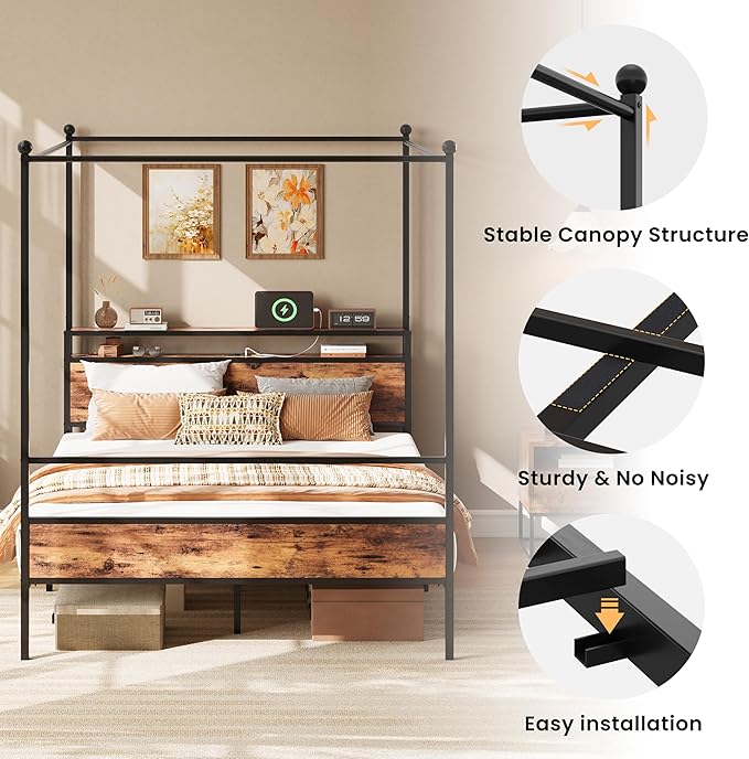 LIKIMIO Canopy Bed Frame Queen with Storage Headboard & Charging Station, Sturdy Metal Platform Bed with 4 Removable Posts, Dual Purpose Bed Frame, No Box Spring Needed, Noise Free