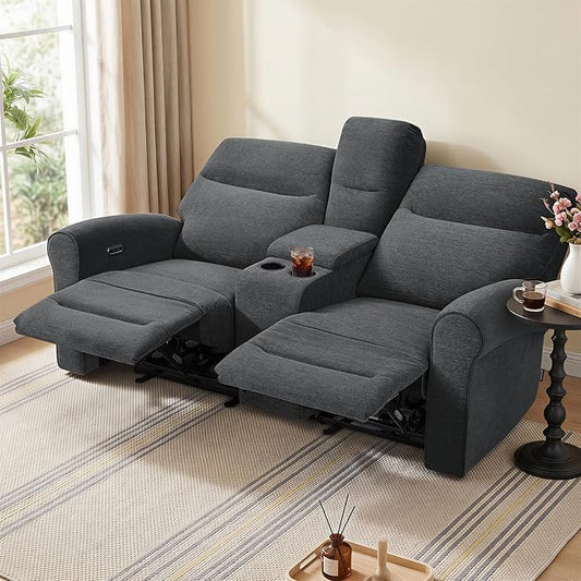 MCombo 78.3" Wall Hugger Power Loveseat Recliner Sofa with Console, Reclining Loveseat with USB Ports, Cup Holders, for Small Spaces Living Room RV, Fabric PR635M2 (Dark Grey)
