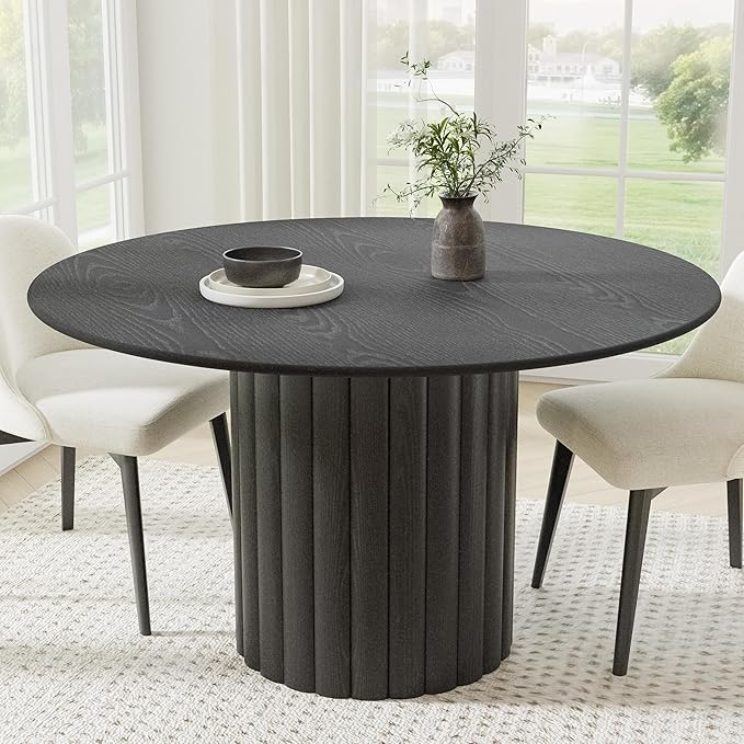Casaphoria 52" Round Dining Table, Modern Wood Kitchen Table with Wide Column Pedestal Base for Living Room & Dining Room, Easy Assembly Farmhouse Furniture for 4-6, Black