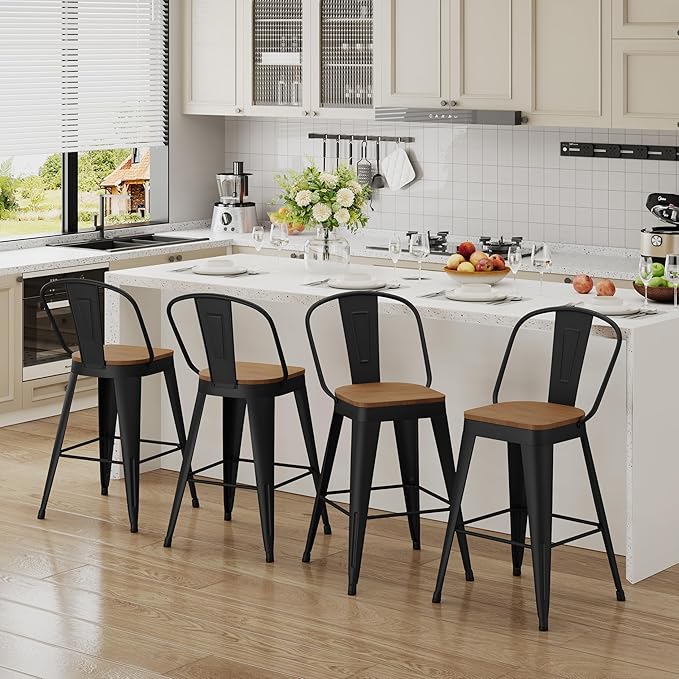 Andeworld Metal Bar Stools Set of 2, 30 inch Bar Height Barstools with Backs Farmhouse Modern High Back Bar Stools with Larger Seat Kitchen Dining Bar Chairs,Matte Black