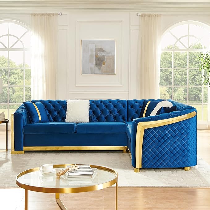 KEIKI 106" L-Shaped Luxury Velvet Chesterfield Sectional Sofa with Gold Stainless Steel Accents and 5 Pillows, Mid-Century Oversized 5-Seater Button Tufted Couch, Easy Assembly, for Living Room, Blue