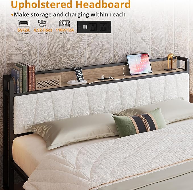 LIKIMIO King Size Bed Frame, Storage Headboard with Charging Station, Platform Bed with Drawers, No Box Spring Needed, Easy Assembly, Wood and Cream