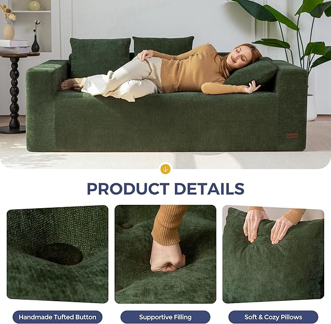 MAXYOYO Modular Sofa Couch, 75" Oversized Loveseat Boneless Cloud Couch with Deep Seat, Chenille Upholstered Living Room Sleeper Sofa Chair for Living Room, No Assembly Required, Dark Green
