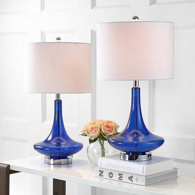 JONATHAN Y 25.5" Cobalt/Chrome Glass Teardrop Table Lamp Set of 2 for Bedroom, Modern Bedside Lamps for Living Room, White Linen Drum Shade, LED Bulbs Included (JYL1081D-SET2)