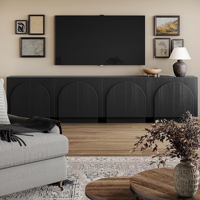 Nathan James Iris Mid-Century Modern Credenza, Black TV Stand, Living Room Wood Storage Cabinet with Arched Cabinet Doors, Black Credenza Cabinet for Kitchen or Living Room, Black Oak, Set of 4