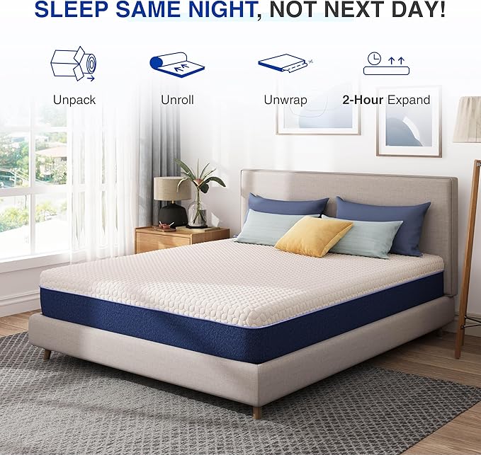 10 Inch Queen Size Mattress, Gel Cooling Memory Foam Mattress, Pressure Relief, Medium Plush Feel, Mattress in a Box, CertiPUR US Certified