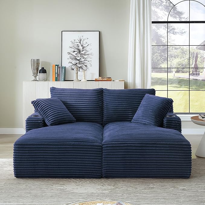 Eafurn Oversized Double Chaise Lounge Indoor with Cup Holders & Side Pocket, 71" Plush Corduroy Boneless Chaise Lounge Sofa with High Density Sponge & Deep High Seat Comfy Sleeper Couch Bed | Breathable material, No Assembly, 52" Deep Seat, 19.7" High ...