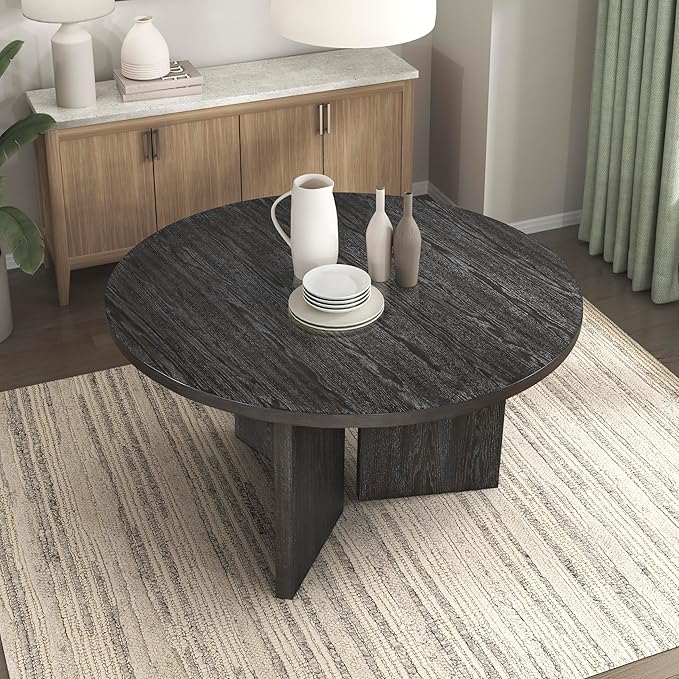 Lexicon 54 Dia. Dining Table for 4 People, Round with Textured Wood Grain Surface, Modern Ebony Finish Oak Veneer Small Kitchen Table for Dining Room, Kitchen, Ebony