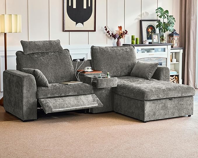 102.8'' Loveseat Power Recliner Sofa with Headrest, Oversized Cloud Modular Sectional Couch with Table, Drawer, Charging, 3-Seater with Storage Ottoman for RV Home Theater, Chenille, White