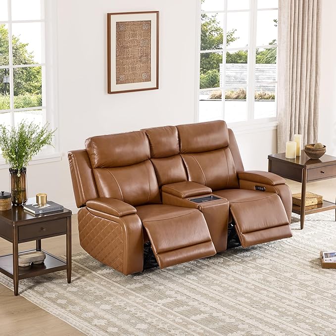 Watson & Whitely Genuine Leather Power Loveseat Recliner Sofa, Zero Gravity Reclining Sofa with Console, Power Headrest & Wireless Charging, Cup Holder, 2-Seater Recliner for Living Room, Saddle Brown