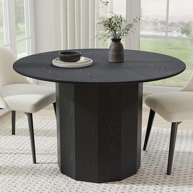 Casaphoria 46" Round Dining Table, Modern Wood Kitchen Table with Cylinder Polygonal Base for Living Room & Dining Room, Easy Assembly Farmhouse Furniture for 4-6, Black