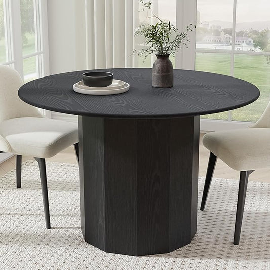 Casaphoria 46" Round Dining Table, Modern Wood Kitchen Table with Cylinder Polygonal Base for Living Room & Dining Room, Easy Assembly Farmhouse Furniture for 4-6, Black
