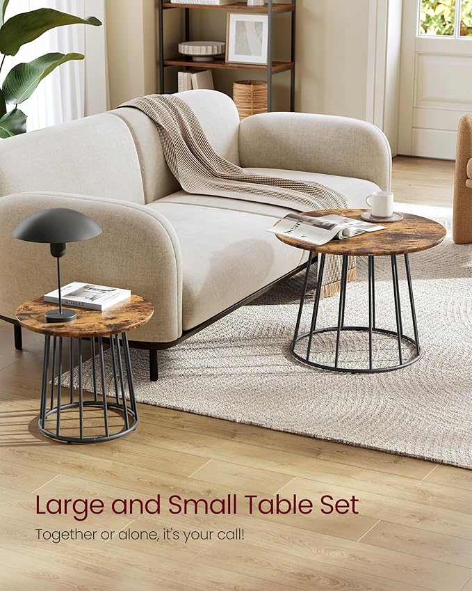 VASAGLE Round Coffee Tables, Set of 2, Modern Circle Side Tables with Steel Frame, for Living Room, Bedroom, Rustic Brown ULCT045K01