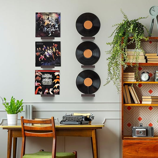 Wood Vinyl Record Shelf Wall Mount, Small Wall Record Holder Display Shelf, Vinyl Record Shelves Record Album Display Holder for LP, CD, Book Art Storage Vintage Home Decor (6, Dark Walnut)