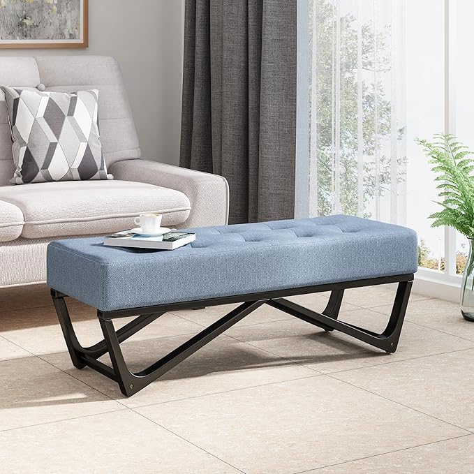 Ball & Cast Modern Tufted Upholstered Entryway Bench Ottoman, 47.5" Padded Bed of End Stool Seating with Faux Wooden Frame, for Living Room Bedroom Kitchen, Blue