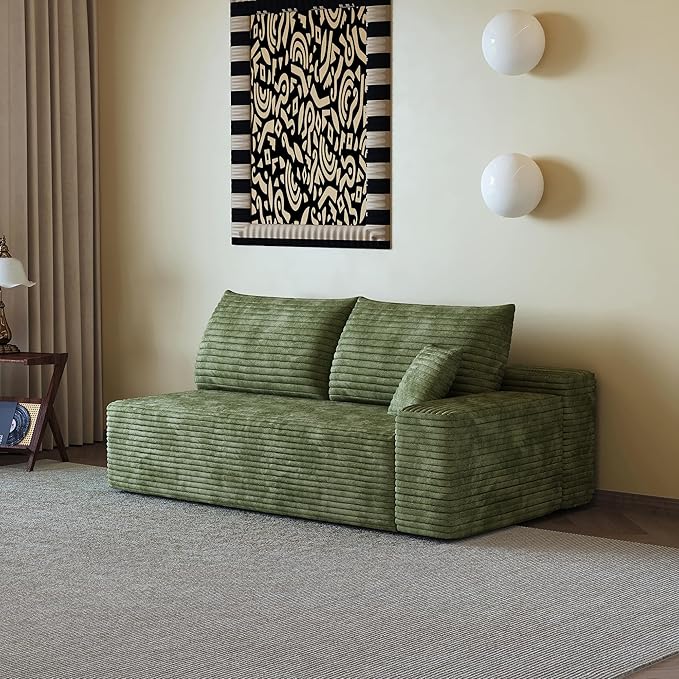 107" Boneless Couch with L Shaped Chaise, Plush Corduroy Sleeper Sectional Sofa, Deep Seat Comfy Couches for Living Room Bedroom, Compressed Foam Cloud Sofas, No Assembly, Left Facing Chaise, Green