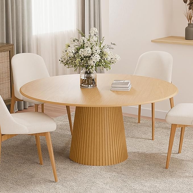Casaphoria 60" Round Dining Table, Modern Wood Kitchen Table with Cone Grating Bar Base for Living Room & Dining Room, Easy Assembly Farmhouse Furniture for 4-6, Oak