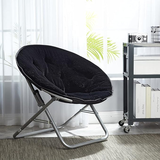 Urban Lifestyle Faux Fur Saucer Chair, Foldable Cozy Accent Chair for Kids, Teens & Adults, Gaming Chair Dorm Chair Bedroom Chair, Metal Frame, Black Faux Fur Seat
