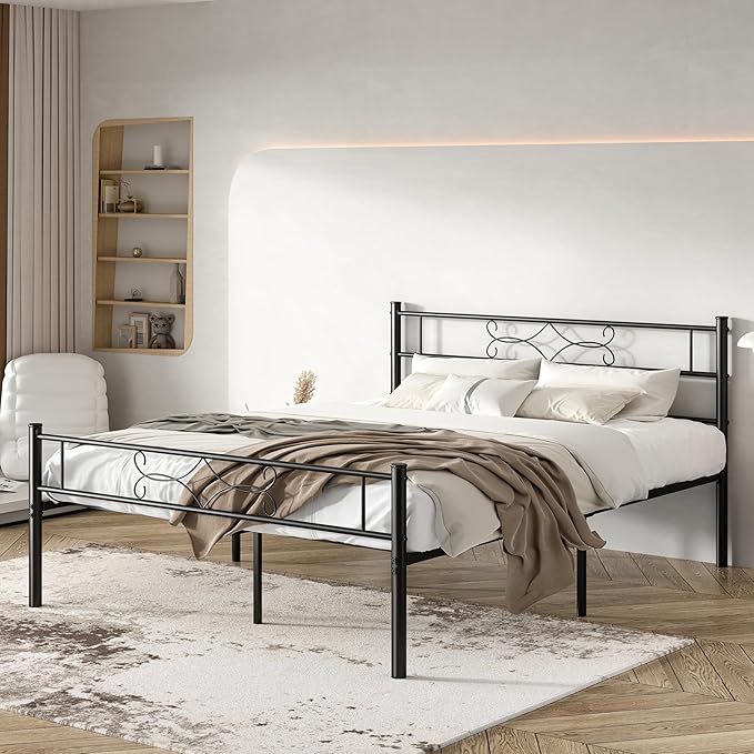 VECELO Queen Size Metal Platform Bed Frame with Headboard/Premium Steel Slat Support/No Box Spring Needed/Noise-Free Anti-Slip/Easy Assembly