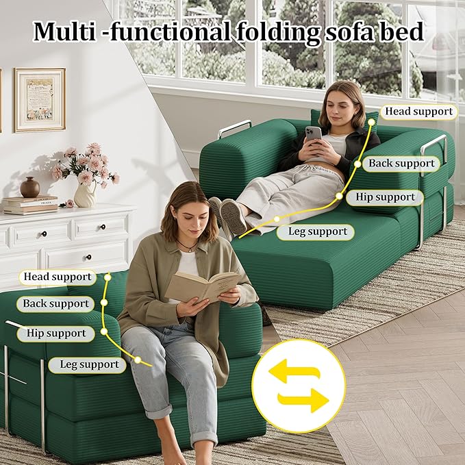 BSHOMGI Folding Sofa Bed, 2 in 1 Convertible Sofas to Lounger Comfy Single Bean Bag Chair Floor Portable Foldable Sleeper Lazy Futon Couch Chair for Bedroom, Living Room (Green, 35.43" Single Sofa)