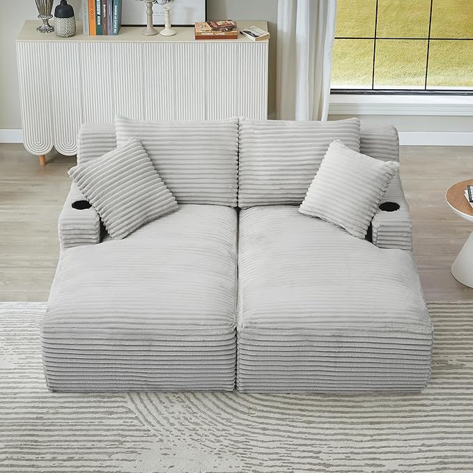 Eafurn Oversized Double Chaise Lounge Indoor with Cup Holders & Side Pocket, 71" Plush Corduroy Boneless Chaise Lounge Sofa with High Density Sponge & Deep High Seat Comfy Sleeper Couch Bed | Breathable material, No Assembly, 52" Deep Seat, 19.7" High ...