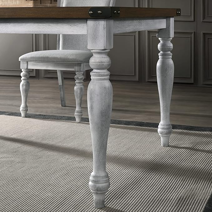 Salines Two-Tone Wood Turned Leg Dining Table, Rustic White and Oak