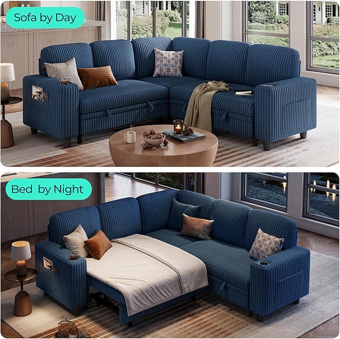 LINSY HOME Sleeper Sofa Bed with Pull Out Couch Modular Sectional Sofa (Blue, Sleeper Sofa 2) | Pull Out Sofa Bed, USB Charging, Cup Holders, Plush Corduroy, Storage | Pull Out Sofa Bed, USB Charging, Cup Holders, Plush Corduroy, Storage, Convertible