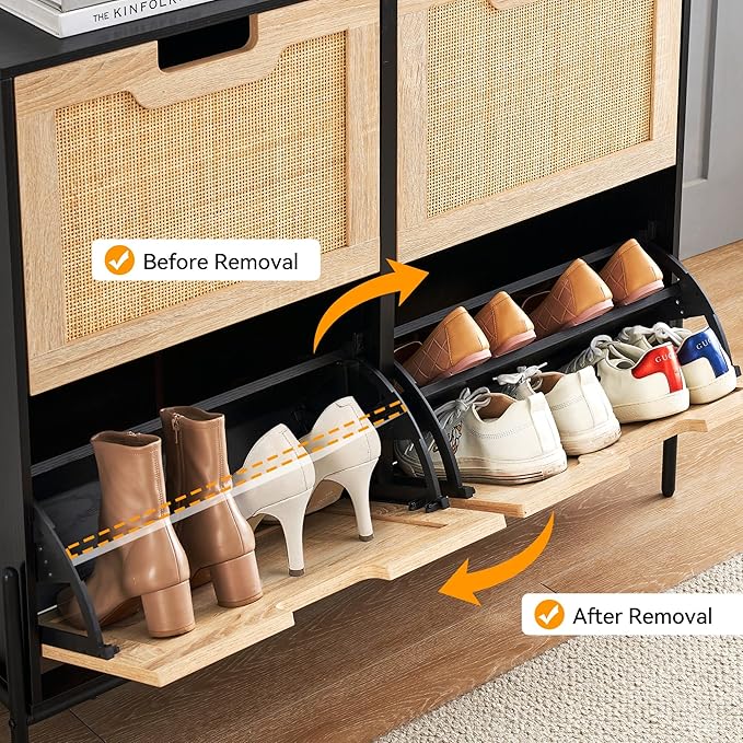 4 Flip Drawers Shoe Storage Cabinet, Rattan Shoe Organizer with Metal Legs, Freestanding Narrow Shoe Rack Cabinet for Entryway, Black