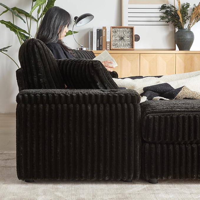 Corduroy Upholstered Modular Sectional Sofa Cloud Couch with Movable Ottoman, 84" Oversized Loveseat Convertible Sleeper Sofabed with 3 Cushion Backrest and Throw Pillows