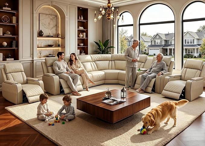 Power Reclining Sectional Sofa Set with LED, Living Room Furniture Sets, Leather Recliner Couch for Living Room/Home Theater, Sectional Couch and Chair with 4 Recliners, USB Port/Hide-Away Storage