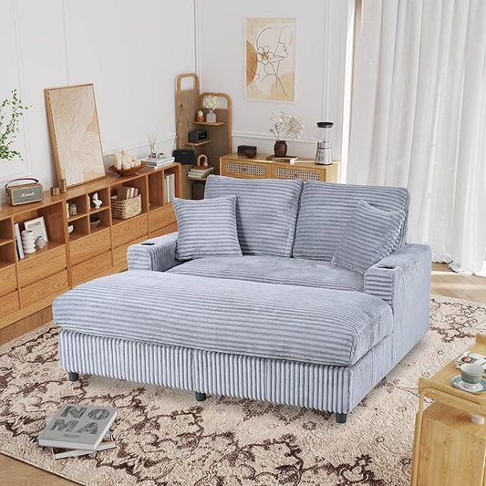 Eafurn 64" Oversized Chaise Lounge Chair Indoor, Plush Corduroy Upholstered Sofa Bed with Pillows & 2 Cup Holders, Extra Wide Deep Seat Sleeper Couch Recliner Chair for Living Room | Removable Cushions, Wooden Frame, Solid Legs