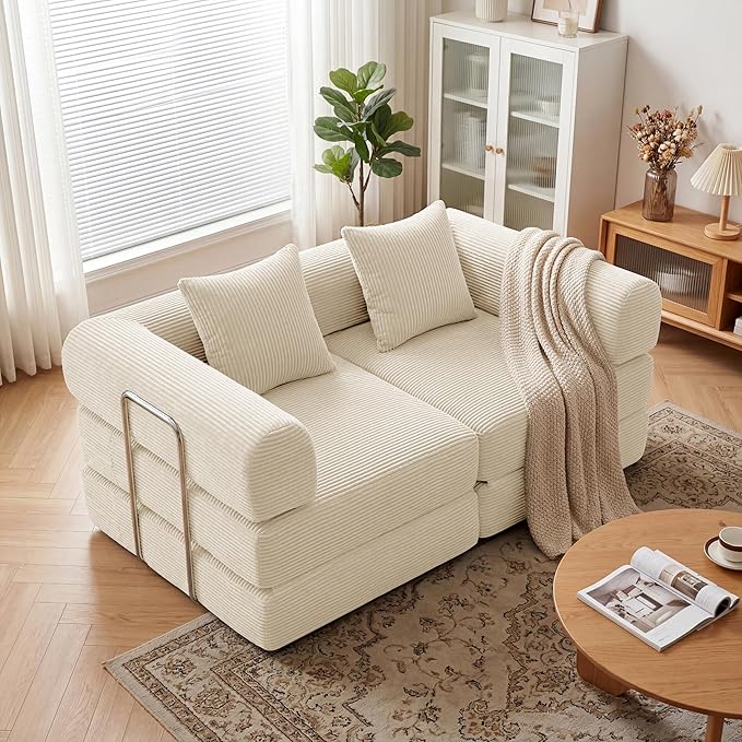 Convertible Compressed Corduroy Folding Cloud Sofa Bed, 59'' Modern Boneless Pull Out Loveseat Sleeper in a Box, 5 in 1 Floor Mattress Futon Cloud Couch, No Assembly Needed, Beige, 2 Pillows, Queen