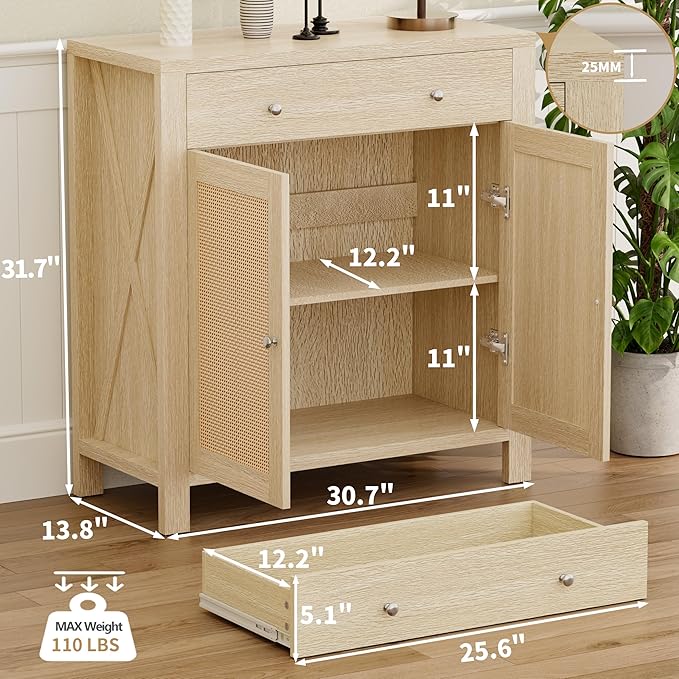 31" Sideboard Buffet Cabinet, Farmhouse Buffet Cabinet with Storage, Rattan Doors Cabinet, Multi-Functional Storage Cabinet Console Coffee Bar Cabinets for Entryway Living Room