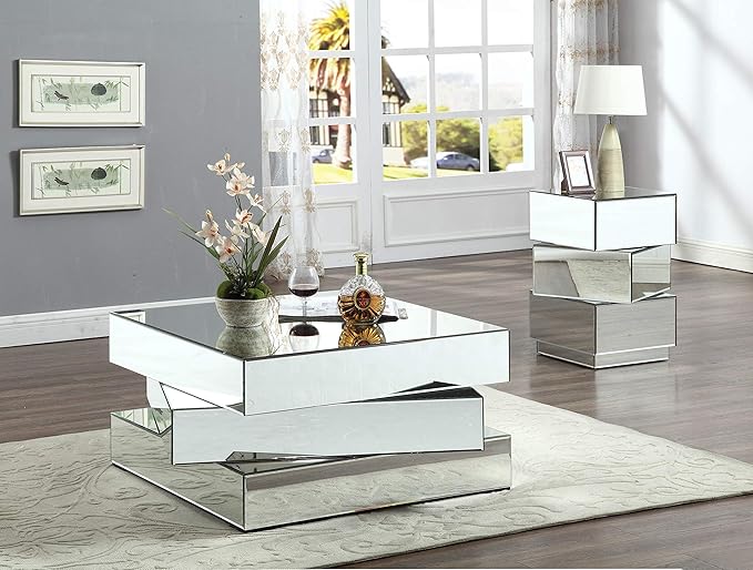 Meridian Furniture Haven Collection Modern Contemporary Mirrored Coffee Table Featuring a Bold Geometric Design, 39.5" W x 39.5" D x 18.5" H