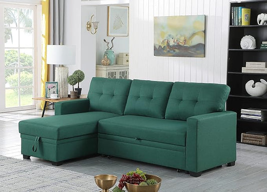ACQCA 82" Convertible Sectional Sleeper Sofa with Storage Chaise, L Shaped Pull Out Couch Bed with 3 Tufted Back Cushion for Living Room, Apartment,Office,Green