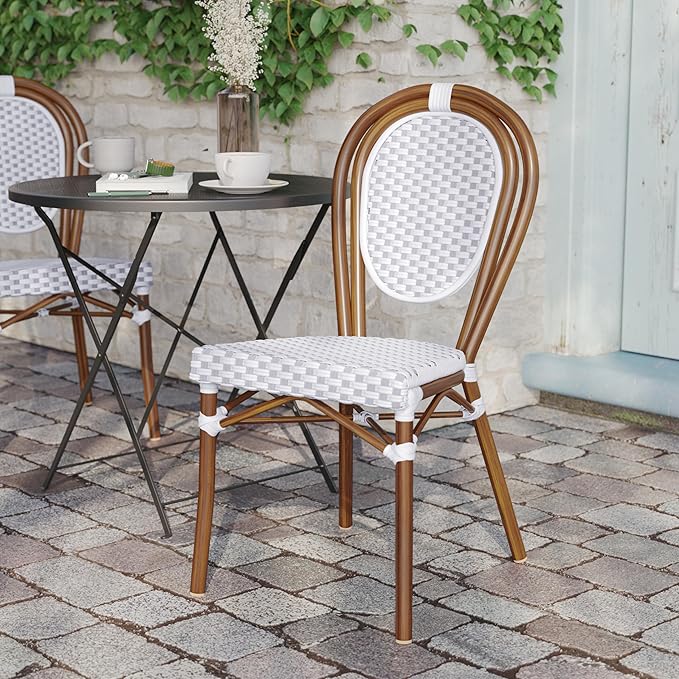 Flash Furniture Lourdes Indoor/Outdoor Commercial Thonet Bistro Stack Chair - White/Gray PE Rattan Back and Seat - Natural Bamboo Print Metal Frame
