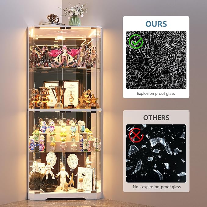Corner Display Cabinet with Glass Doors, 64.7" Tall Curio Cabinet with RGB Lights for Collectibles, 4-Tier Showcase Display Case with Human Sensor for Toys, Books, White