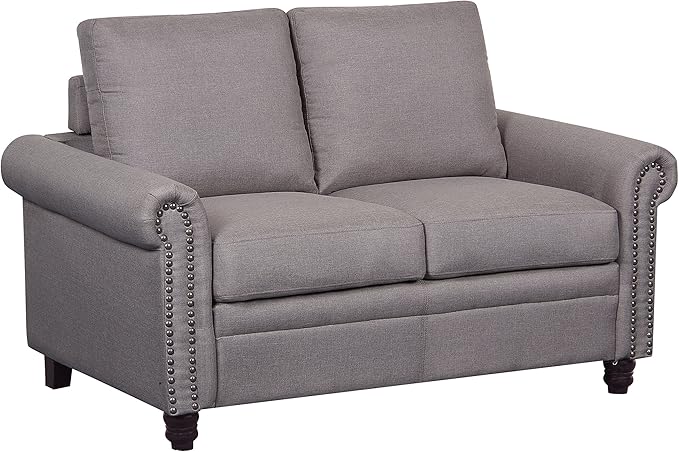 Container Furniture Direct Dove Linen Upholstered Modern Loveseat with Nailhead Trim, Light Brown